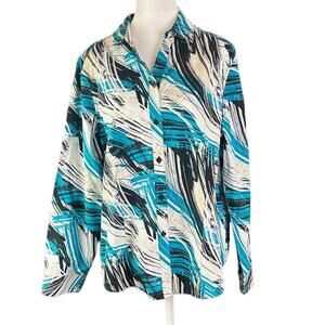 Chico's Wrinkle Resistant Career Button Front Top Size 2 Blue Black Tan White